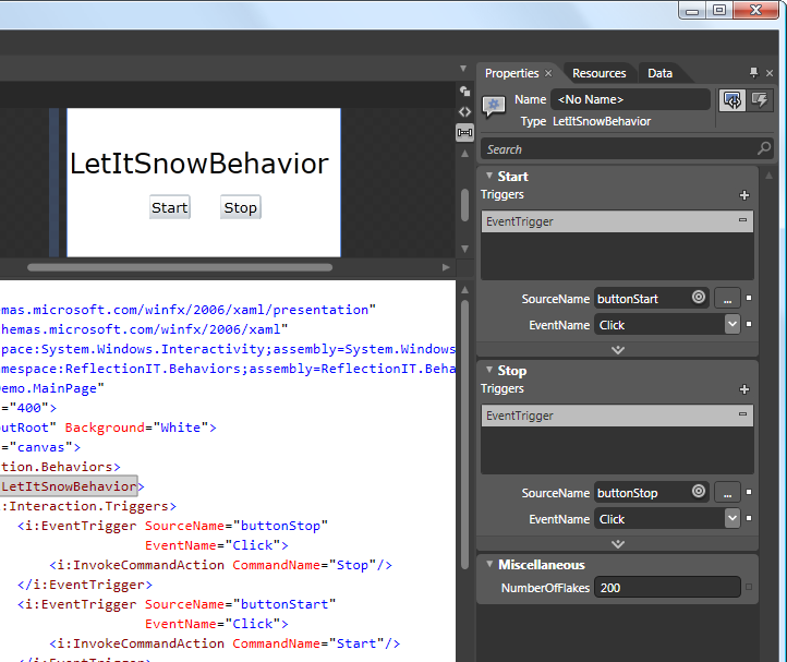 Set Triggers on LetItSnowBehavior in Expression Blend 3.0