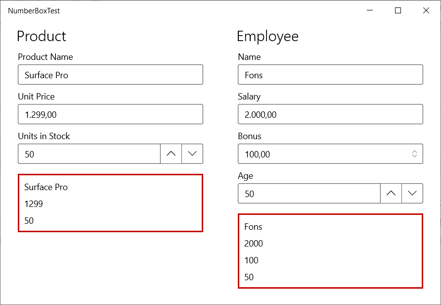 MainPage with 5 NumberBox controls