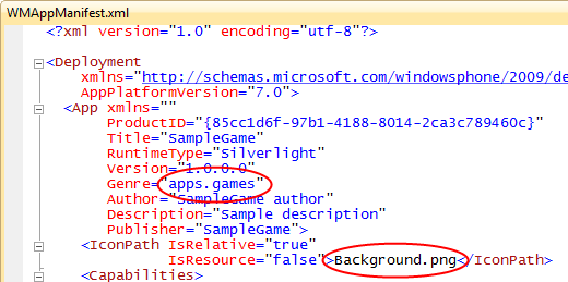 WMAppManifest.xml for a Sample Game